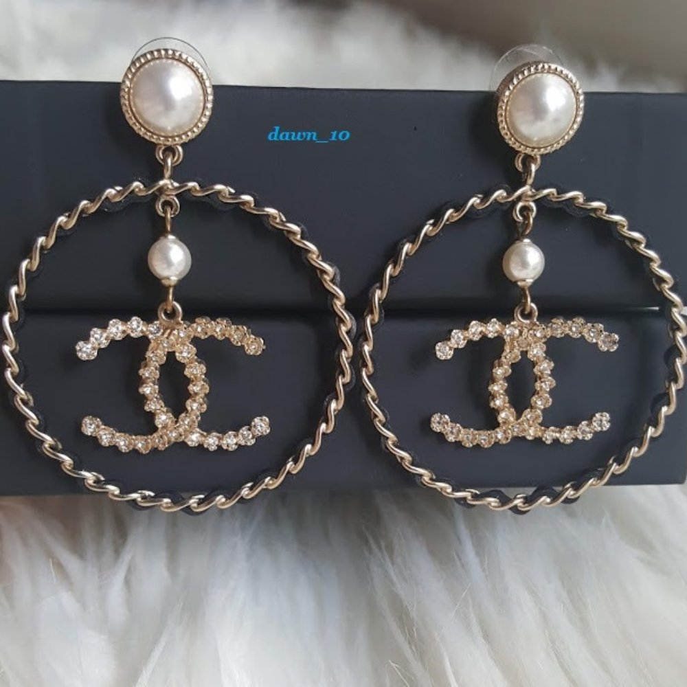 Chanel XL Crystal CC Leather Hoop Earrings, Gold